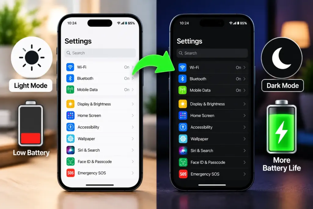 Use Dark Mode on an OLED smartphone display to help save battery power