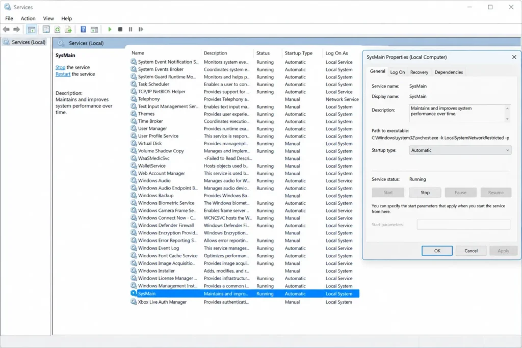 "Stopping SysMain service in Windows"