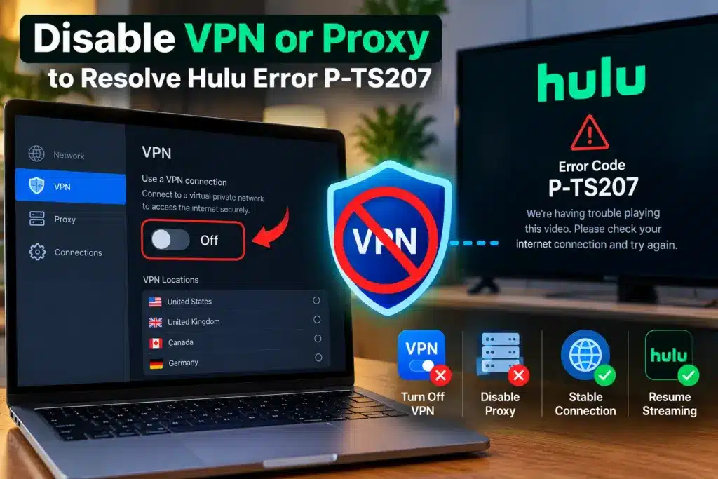 Disabling VPN or proxy settings to troubleshoot Hulu streaming connection problems.