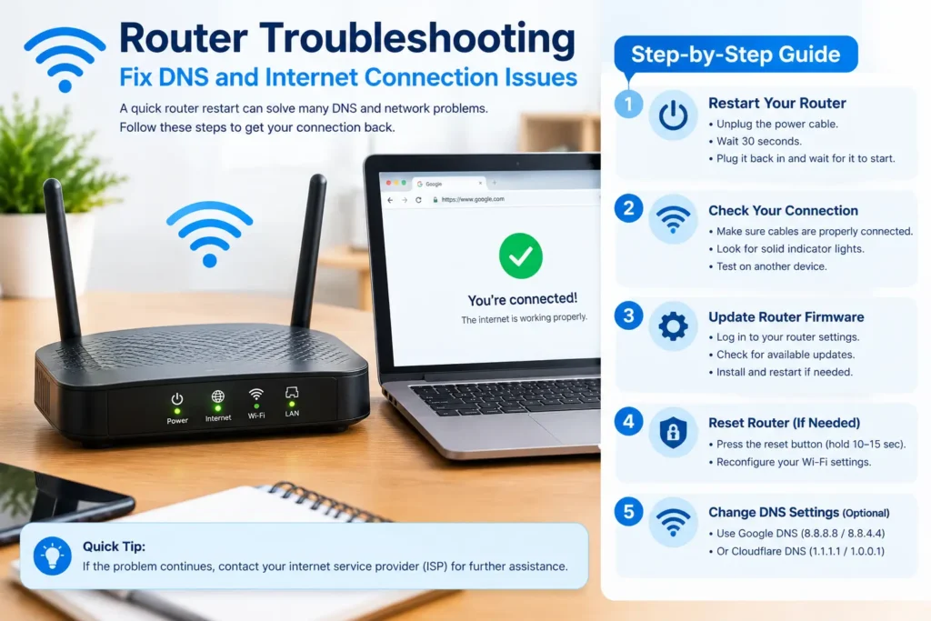 Restart a Wi-Fi router to troubleshoot DNS and internet connection problems