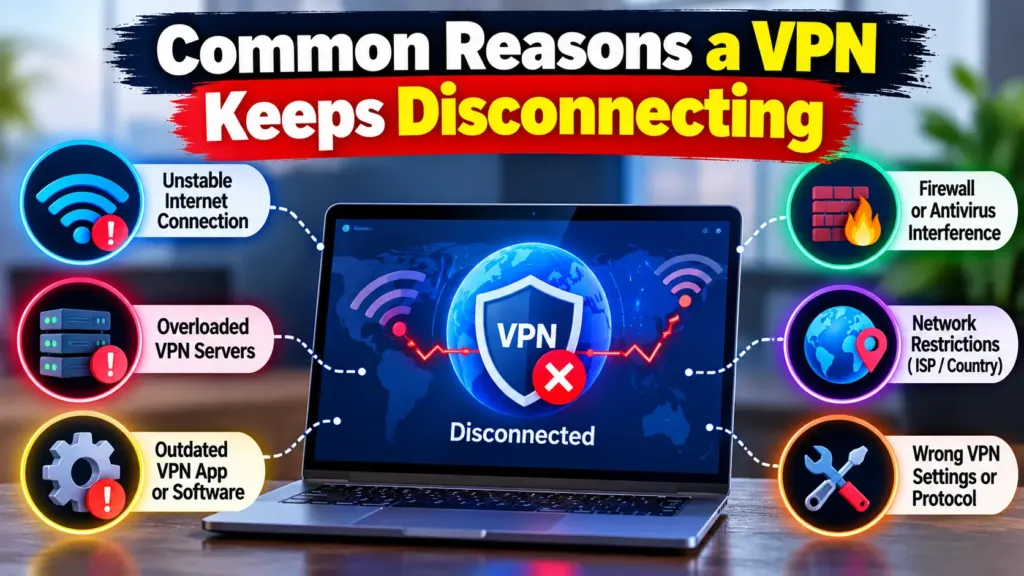 Common causes of VPN disconnections, including weak Wi-Fi, server issues, and outdated software