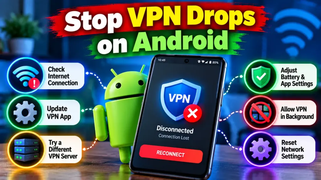 Android smartphone displaying VPN settings and background battery controls