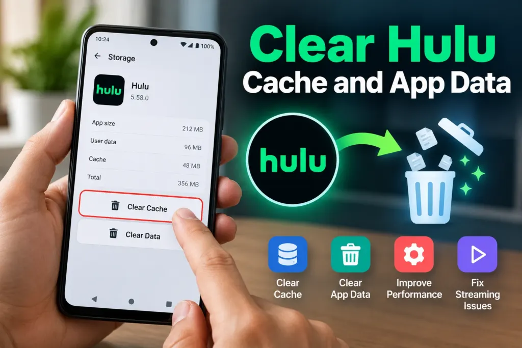 Clearing app cache in device settings to troubleshoot Hulu playback errors.