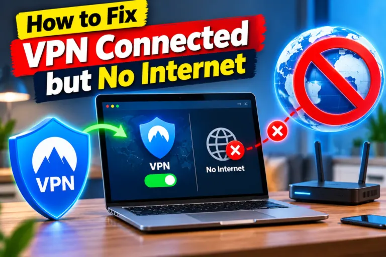 Laptop showing a connected VPN with internet access troubleshooting.