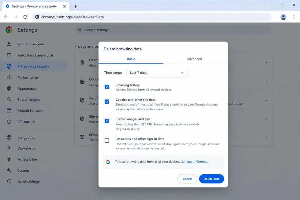 Chrome delete browsing data settings for Netflix troubleshooting