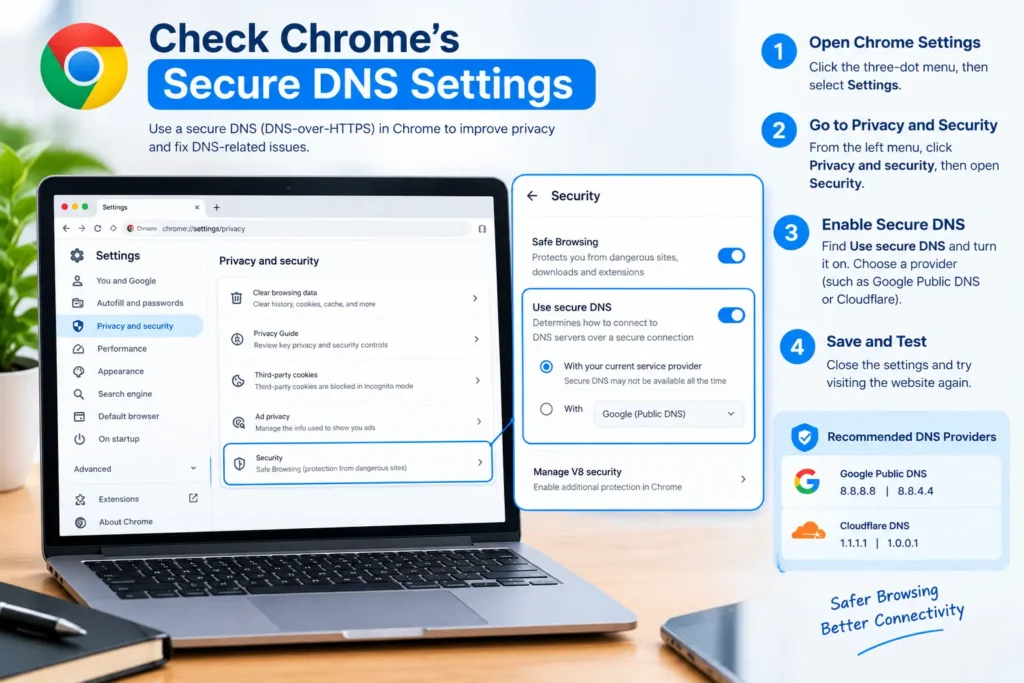 Check Google Chrome Secure DNS settings to troubleshoot DNS errors