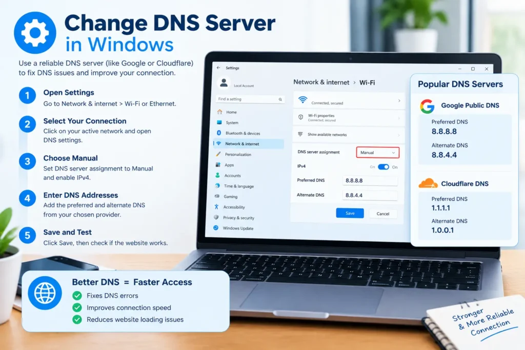 Change DNS server settings in Windows 11 to troubleshoot domain resolution