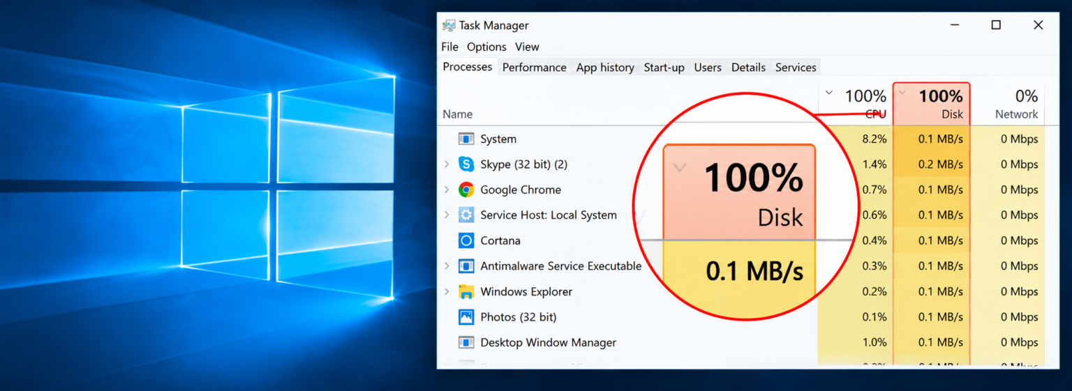 "Task Manager displaying 100 percent disk usage in Windows"