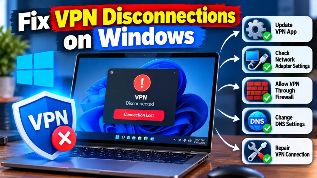 Windows computer displaying VPN connection troubleshooting and network settings