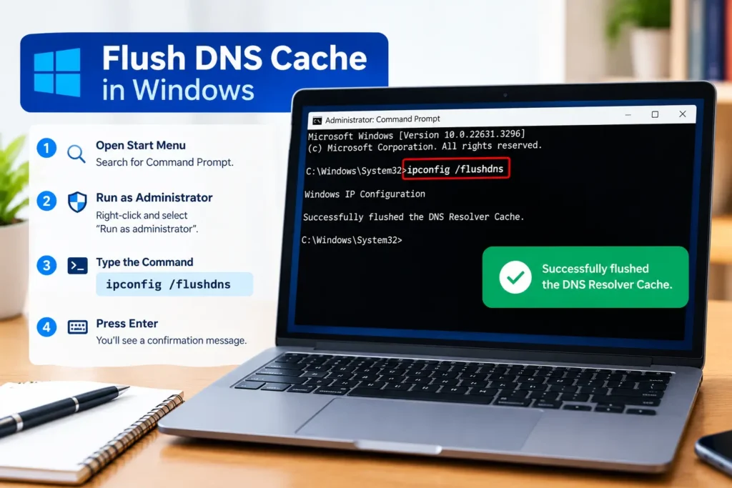 Flush DNS cache using ipconfig flushdns in Windows Command Prompt